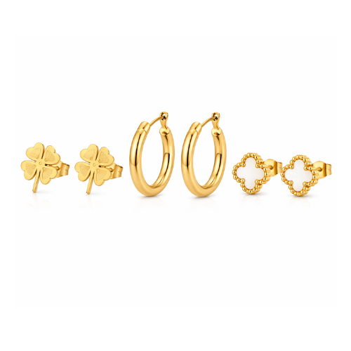 Gold Clover Flower Earrings Set