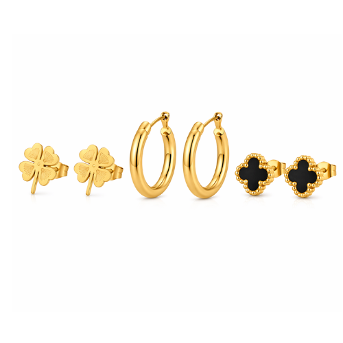 Gold Clover Flower Earrings Set