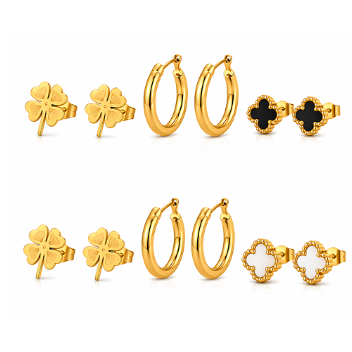 Gold Clover Flower Earrings Set