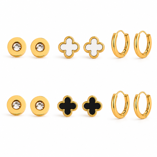 Gold Clover Hoop Earrings Set