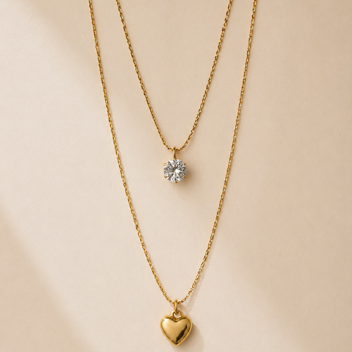 Layered Heart Zircon Gold Necklace