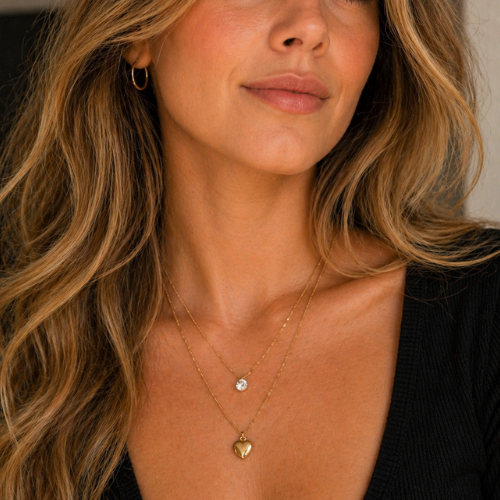 Layered Heart Zircon Gold Necklace